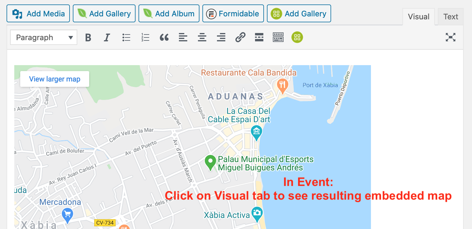 Insert Google maps in a Post or Event