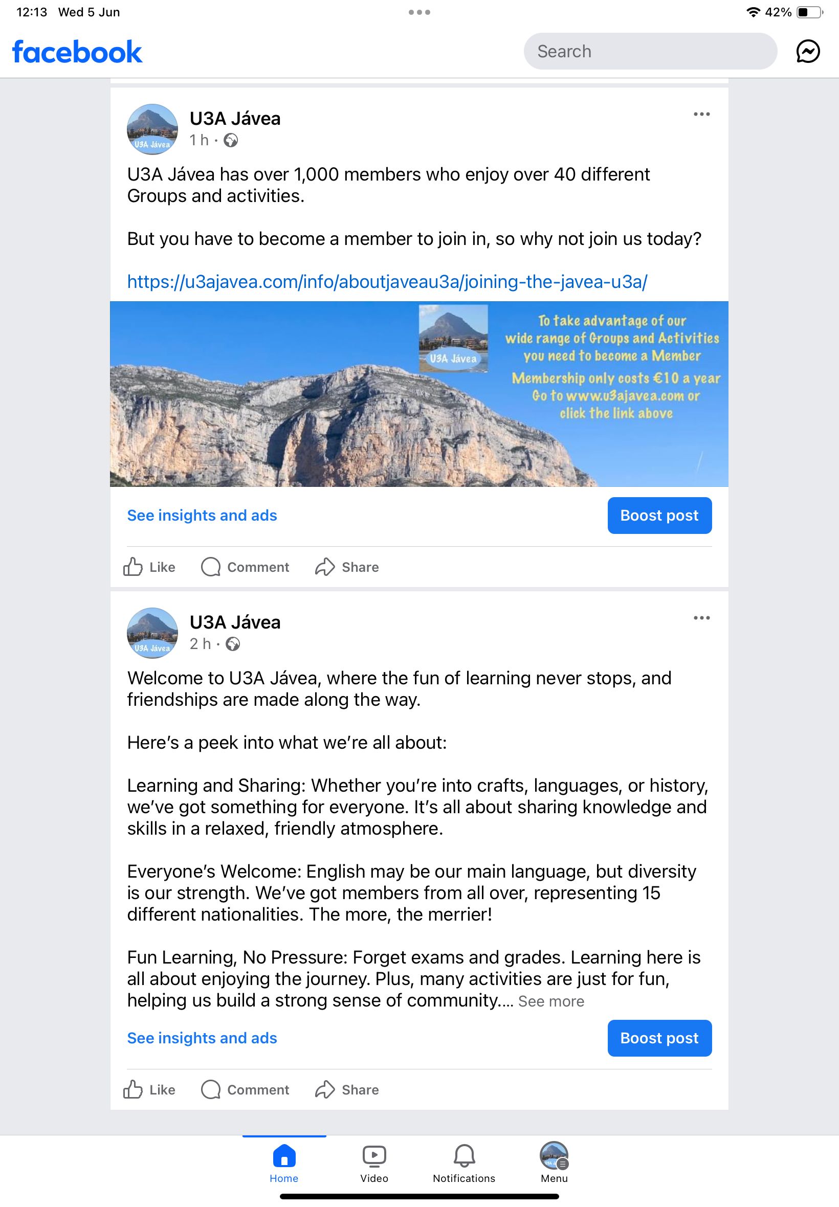 Launch of a public Facebook page for U3A Jávea